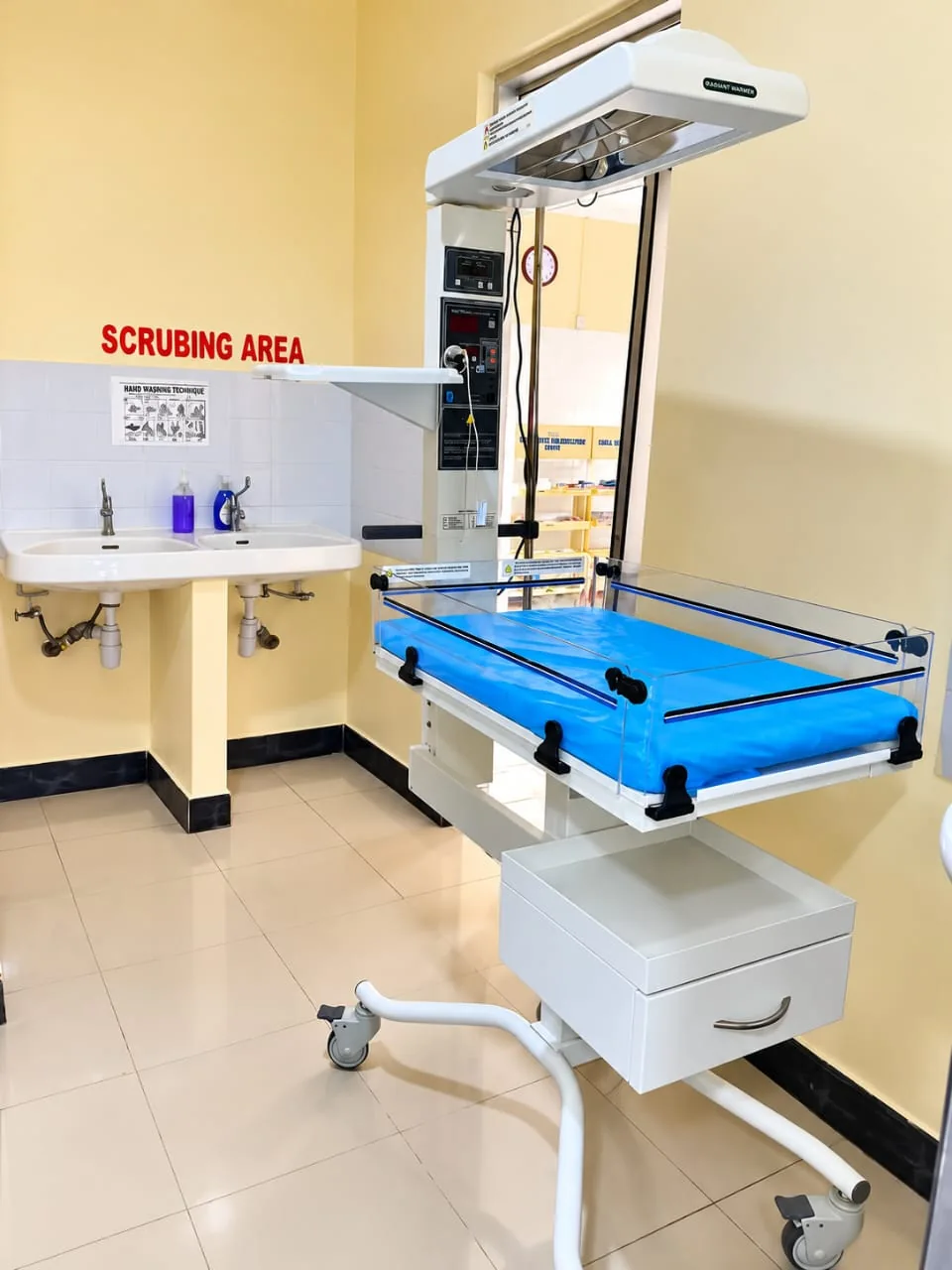 Newborn care equipment in a clinical room