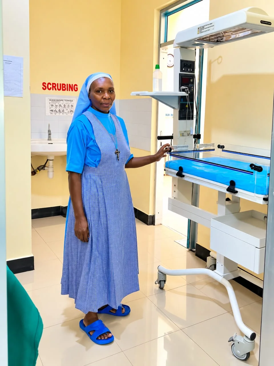 A member of the care team beside newborn equipment